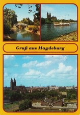 07-C054 Ansichtskarte Magdeburg Kulturpark Rotehorn Dom mit Motorschiff Elbe DDR