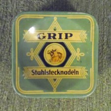 Alte Dose , Blechdose , Grip Stahlstecknadeln , 50 Gramm Nr 6 , 6x6x3,5 cm ,blau