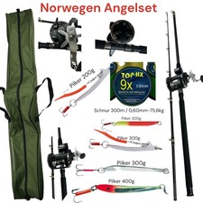 Norwegen Angelset Komplettset 210cm Rute Bootsrute Rolle Pilker Schnur Tasche