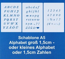 Schablonen Alphabet Schrift Buchstaben ABC groß 1,5cm oder klein oder Zahlen