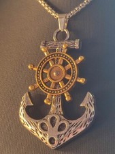Anker Seemann Halskette in Silber / Gold Glücksbringer Talisman Steuerrad Groß