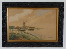 P. H. Janowitz Aquarell Gemälde antik Windmühle, Schiffe gerahmt signiert; K118