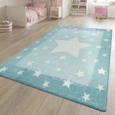 Spielteppich Kinderzimmer Blau Weiß Stern Motiv Bordüre 3-D Design Kurzflor  