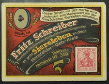 BRIEFMARKENGELD - NOTGELD: 10 Pfennig. FRITZ SCHREIBER - SIERSLEBEN ⇒ GERBSTEDT.