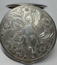Antike 835 Silber Puderdose Jugendstil Art Deco Rund Spiegel Signiert Floral