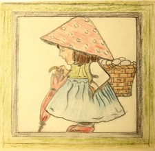 Mädchen mit Hut und Korb, Buntstift Moderne Mode 1900-1924 Unbekannt (20.Jhd)