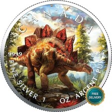 2025 1OZ Silber Kanada Stegosaurus Dinosaurier coloriert Farbe Zertifikat NUR 100 #89