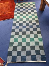 Schwedischer Handwebteppich, kariert,  Blau/Türkis/Grau,  Wolle