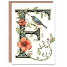Buchstabe F Kalligraphie Aquarell Vogel Blumen Mama Geburtstagskarte