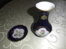 Lindner  1 kleine Tischvase + 1 Schälchen echt Cobalt blau mit Gold, Handarbeit