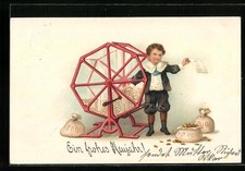 Präge-Lithographie Ein frohes Neujahr!, Bub zieht aus der Lostrommel, Geldsäcke 