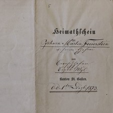 Heimatschein Kanton St. Gallen für Bildhauer Martin Feuerstein und Gattin 1873