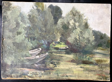 ::ÖLGEMÄLDE LANDSCHAFT JOSEF FREYTAG AM WASSER UFER KAHN BOOTE FRÜHLING ANTIK