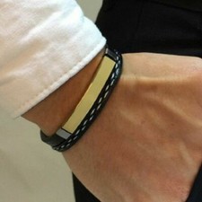 Herren Armband Schwarz Echtes Leder Edelstahl Männer Geschenk