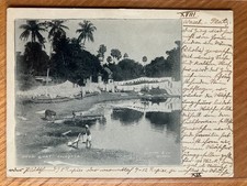 Alte Ansichtskarte um 1910 Kalkutta nach Berlin, Waschplatz am Fluß