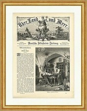 Festessen Kachelofen Bauernstube Weinfass Geweih Bierkrug Tisch Holzstich E 3474