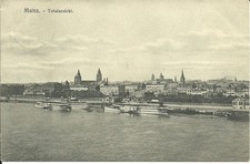 AK Mainz am Rhein - Totalansicht, Raddampfer, Frachtschiffe, Kirchen - 1910 gel.