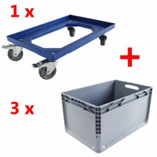 3 Euroboxen + Rollwagen SET Transportbox Lagerbox Transportwagen Transportroller