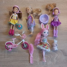 Mattel Barbie Chelsea 3 Puppen + Zubehör Gebraucht + 1 Enchantimals Puppe