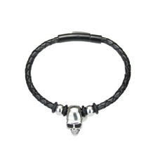 Leder-Armband mit Skull/Totenkopf + Beads Edelstahl Verschluss - Matt-Schwarz