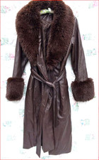 Leder Mantel Trenchcoat  mit Fellbesatz - Faux Fur Leather Coat Gr. UK 14  EU 42