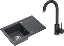 VBChome Spülbecken Granit 70x44 cm Gesprenkelt Reversibel Siphon Einbau Armatur