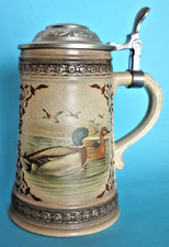 ALWE-Keramik, Bierkrug mit Zinndeckel, Hillscheid, W.Germany, Jagdmotiv Wildente