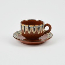 Bulgarische Keramik  - kleine Tasse & Untertasse - Espresso - Pfauenauge Vintage