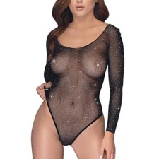 Sexy Netz-Body S M L Strass durchsichtig Damen Dessous schwarz bodysuit "Leandra