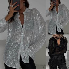 Damen Pailletten Langarm Bluse