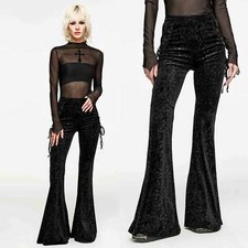 PUNK RAVE Gothic Schlaghose Acanthus Flockprint Flares Schwarz Schnürung Taschen