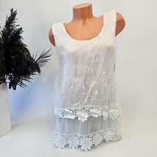 Italy Damen Top Boho Style Stickerei Bluse Ärmellos Weiß Gr. 38 40 42