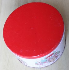 Große runde Blechdose mit Eselskarren und rotem Deckel (leer)