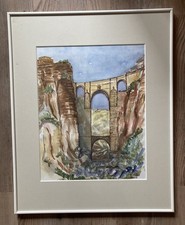 Aquarell Bild Ronda Spanien gerahmt mit Passepartout signiert 40,5 x 50,5 cm