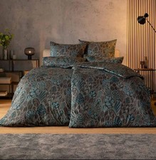 Estella Mako-Satin Bettwäsche 155x220 Balduin grün braun Ornamente Blätter 7393-