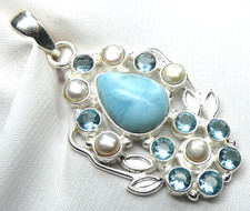 wervoller Larimar Blautopas Perlen Anhänger 925 Silber traumhaftes UNIKAT NEU 