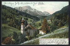Berchtesgaden-Maria Gern, Teilansicht der Kirche im Sommer, Ansichtskarte 1906 