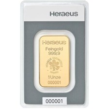 31,1 Gramm Goldbarren - 999,9 Gold - in Blisterkarte Neuware - 	Heraeus