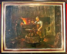 Gemälde, Öl auf Leinwand,Innenansicht einer Schmiede, Arbeit a.d. Esse u. Amboss