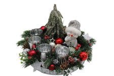 Adventsgesteck Landschaft Schneemann Tanne 4 Kerzen Teelichthalter rot silber