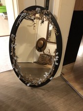 Spiegel Oval, Schwarz, mit floraler Deko in Silber und Gold