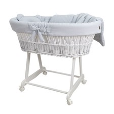 Stubenwagen Moseskorb AMELIA Weiß  aus Weide mit Musselin Bettwäsche Hellgrau