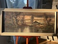 Ölgemälde Landschaft am See mit Hütte signiert Öl auf Leinwand Vintage