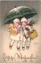 AK Weihnachten Glückwunsch, Kinder Schirm, Künstler Hannes Petersen  Kleinformat