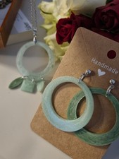 Mint Green Resin Jewelry Set, Circle Earrings & Pendant Necklace, Handmade