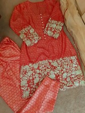 NEU 3tlg Kleid Hijab FEST Bollywood Salwar Kameez Tunika Jamawar Kaftan Indien L