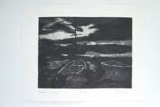 Aquatinta-Farbradierung „Boote am See“, signiert T. Ehmke, 2022