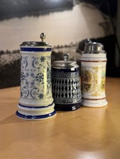 BMF Bierkrüge Set mit Zinndeckel – Deutsche Keramik, handbemalt, Vintage