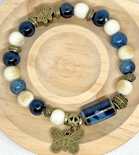 Porzellan Keramik Armband Stretcharmband blau weiß gold 1 Stück Schmetterling