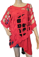 New ! 2in1 Long-Shirt xxl Löcher und Skull Druck Asymmetrisch  Over Size Rot